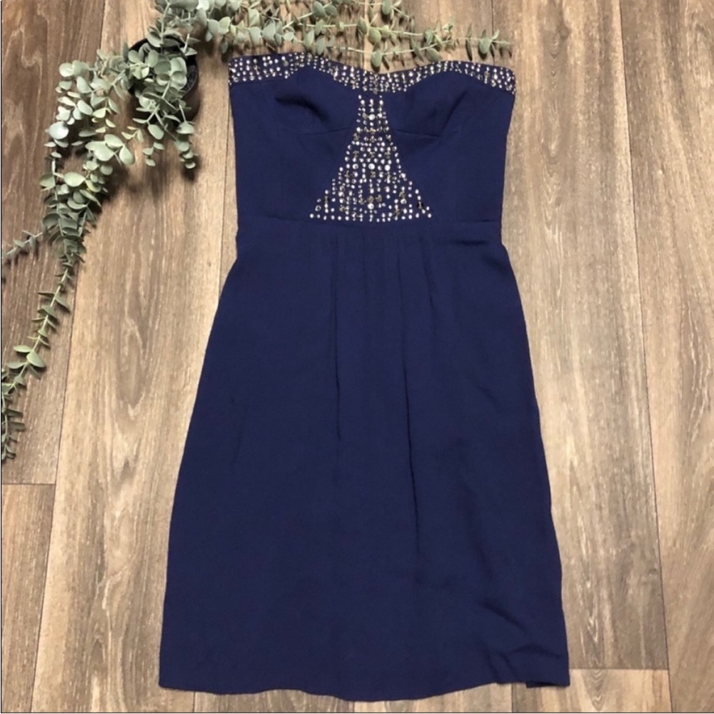 Rebecca Taylor Navy Silver Studded Strapless Dress